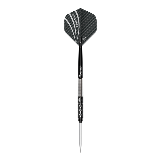 Freccette in acciaio Bulls Challenger Arno Merk - 22g Das Bild zeigt einen Steeldart namens "Bulls Challenger Arno Merk Steeldarts - 22g". Der Dartpfeil ist schwarz-silber und hat ein modernes Design mit strukturiertem Schaft und schwarzer Flight.