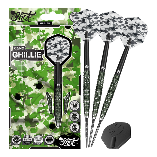 Shot Camo Ghillie Turbo Point Steeldarts mit 23 Gramm werden präsentiert. Die Steeldarts haben ein auffälliges Tarndesign.