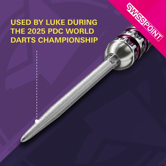 Punte per freccette Target Swiss Point SLK - argento Das Bild zeigt die silberne Dartspitze „Target Swiss Point SLK“. Sie wurde laut Aufschrift von Luke während der PDC Darts Weltmeisterschaft 2025 verwendet.