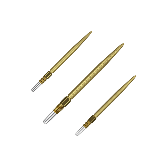 Target Swiss Point Nano Dart Tips - Oro Auf dem Bild sind drei goldfarbene Dartspitzen zu sehen. Sie haben eine feine Riffelung und ein silbernes Schraubgewinde am Ende.
