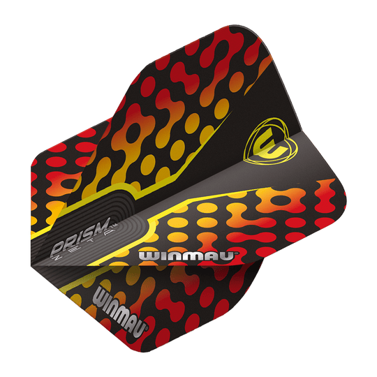 Das Bild zeigt die Winmau Prism Zeta RedOrange Standard Flights für Dartpfeile. Das Design ist schwarz mit roten und orange-gelben Mustern und dem Winmau-Logo.
