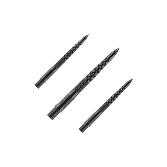 Punte per freccette Mission Caliburn EVO - Ripple - Nere Auf dem Bild sind drei schwarze Steeldartspitzen mit einem geriffelten Muster zu sehen. Sie sind als Set angeordnet und haben eine Länge von 26 mm.