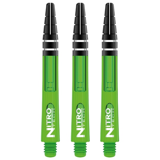 C451_Nitrotech_Medium_Green_V Das Bild zeigt drei grüne RedDragon Nitrotech Shafts. Sie sind für Dartpfeile und haben schwarze Spitzen.