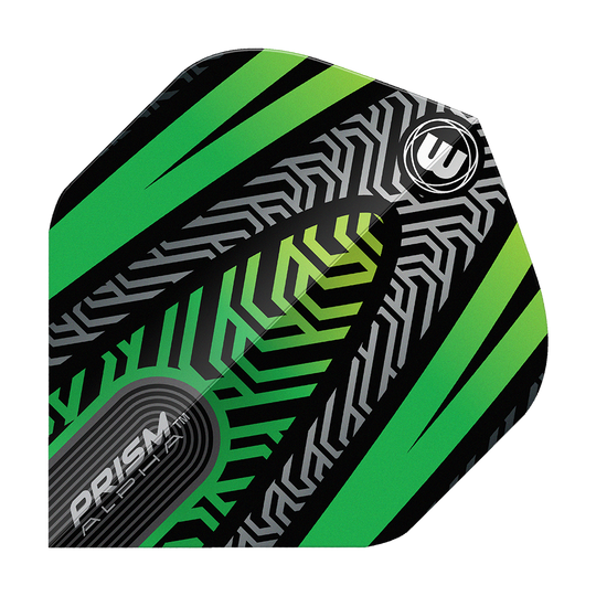 Voli standard Winmau Prism Alpha Black Green No. 2 Das Bild zeigt ein Winmau Prism Alpha Schwarz Grün No2 Standard Flight. Das Design ist schwarz mit grünen und silbernen Mustern sowie dem Winmau-Logo.