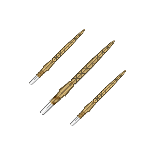 Punte per freccette Target Swiss Storm Diamond Point - Oro Das Bild zeigt drei goldene Dartspitzen mit einem Rautenmuster. Die Spitzen haben einen silbernen, metallischen Bereich zum Einschrauben.