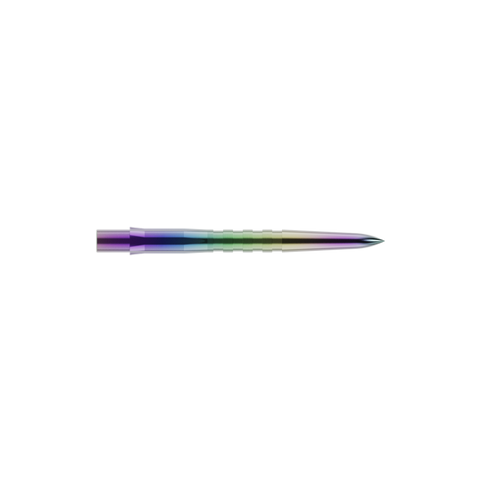 Punte per freccette Mission Caliburn EVO - Scanalate - Corallo Dies ist eine bunte, gerillte Steeldartspitze. Sie hat eine glänzende Oberfläche mit Farbverlauf und ist vorne spitz zulaufend.