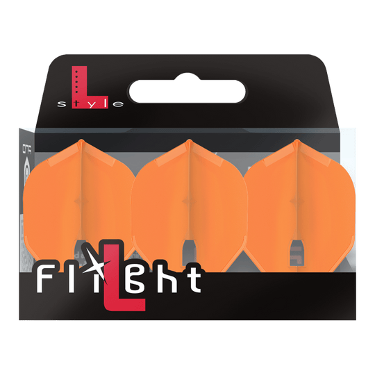 Alette stile L Champagne - L1PRO Standard Auf dem Bild ist eine Packung mit drei orangefarbenen Dart-Flights zu sehen. Die Verpackung trägt die Aufschrift „L-Style Flight“.
