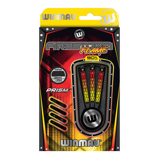 Freccette morbide parallele Winmau Firestorm Flame - 20 g Das Bild zeigt eine Verpackung der "Winmau Firestorm Flame Parallel Softdarts - 20g". In der Packung befinden sich drei farbenfrohe Softdarts mit 90% Tungsten-Anteil.