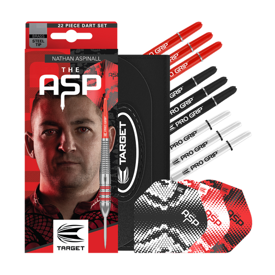 Zu sehen sind die Target Nathan Aspinall Brass Steeldarts mit 22 Gramm Gewicht. Diese Darts sind ideal für präzises Steeldart-Spiel.
