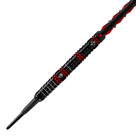 Freccette morbide Heavy Metal di Ryan Searle di Harrow Der Harrows Ryan Searle Heavy Metal Softdart ist in Schwarz mit roten Akzenten gestaltet. Auf dem Dart befindet sich ein kleines Totenkopf-Symbol.