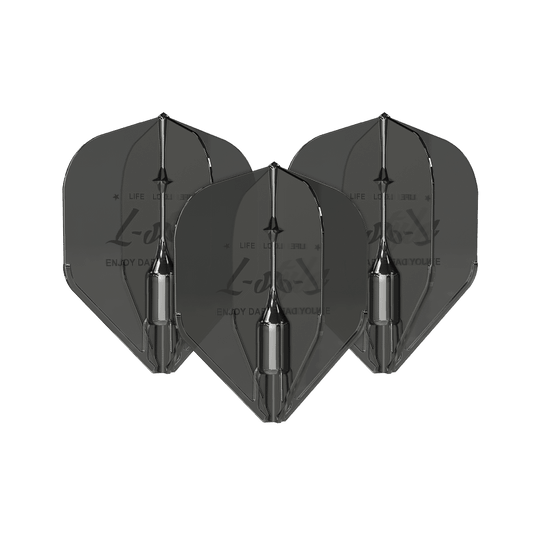 Alette Fantom L1EZ stile L nere Das Bild zeigt drei schwarze L-Style Fantom L1EZ Flights für Darts. Die Flights sind nebeneinander angeordnet und verfügen über ein glänzendes, modernes Design.
