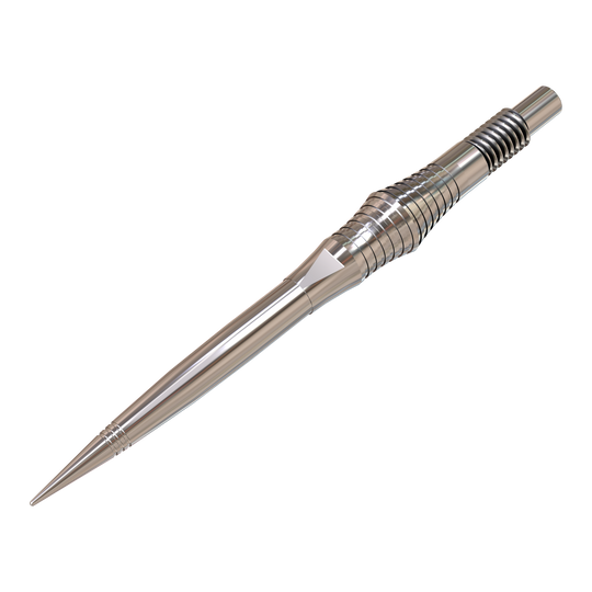 Punte per freccette Harrows Quick Point Spire Elite Series - Argento Auf dem Bild sind einzelne silberne Dartspitzen zu sehen. Sie sind groß abgebildet und deutlich dargestellt.