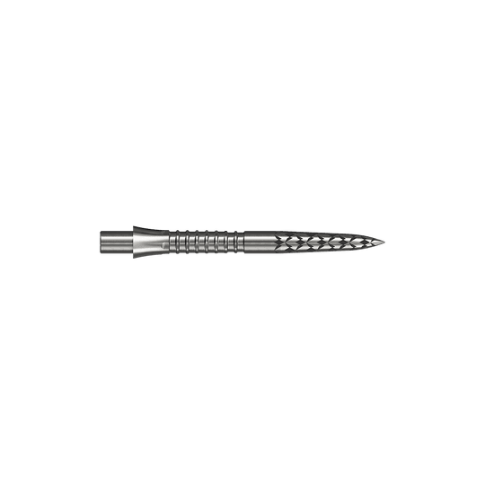 Abgebildet ist ein Steeldartspitze in silberner Farbe mit einer Länge von 26 mm. Das Bild stammt von der Datei M002127_Missoin_Caliburn_EVO_GV-Logo_Steeldartspitzen_Silber_26mm_2.
