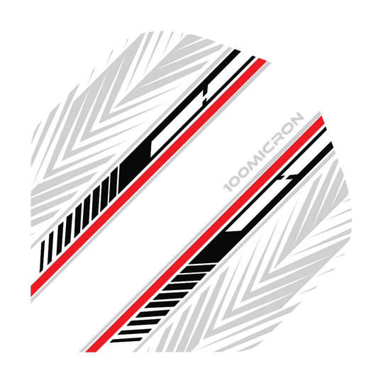 Voli Pentathlon bianchi/neri/rossi Das Bild zeigt einen Pentathlon No2 Standard Flight in den Farben Weiß, Schwarz und Rot. Das Design besteht aus schrägen Linien und einem modernen Muster mit der Aufschrift „100 MICRON“.