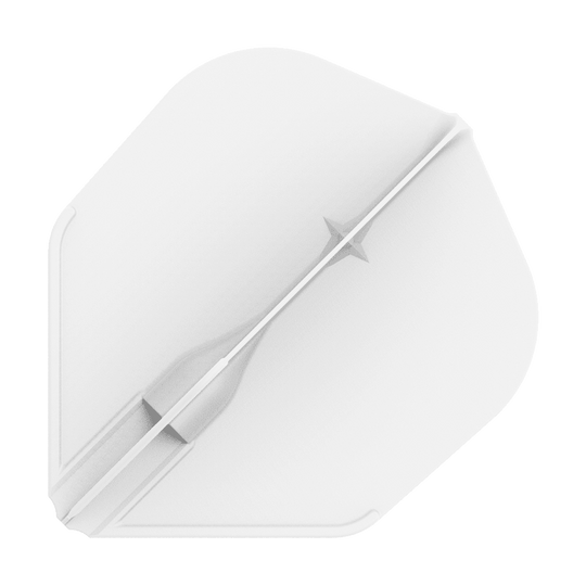 Voli L-L-Style3EZ Das Bild zeigt ein weißes Dartflight in einer einfachen, geometrischen Form. In der Mitte verläuft ein feiner, strukturierter Streifen mit einem kleinen Sternmotiv.