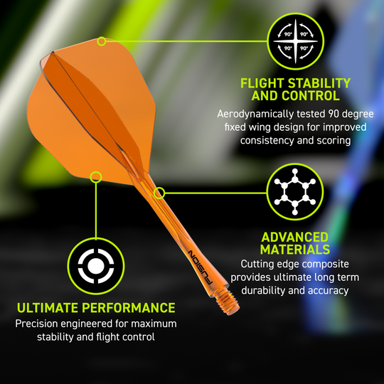 Sistema di alberi di volo a fusione Winmau n. 6 arancione neon Abgebildet ist das Winmau Fusion Flight-Shaft-System No6 Neon Orange. Dieses Dartzubehör verbindet Flight und Shaft in einem Teil.