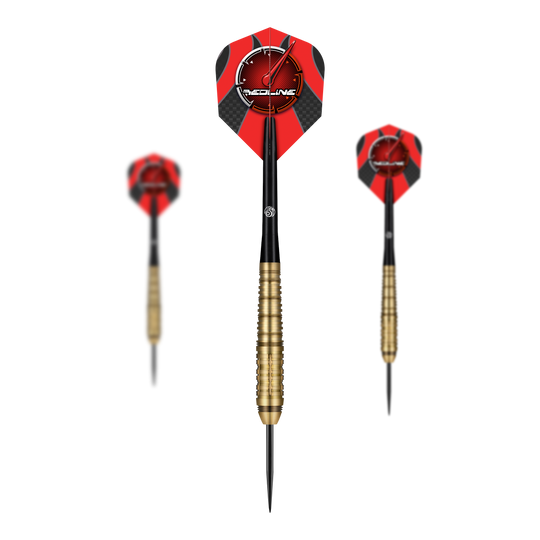 Freccette in acciaio Shot Redline Mach 1 Das Bild zeigt drei Steeldarts des Produkts "Shot Redline Mach 1". Die Darts haben rote Flights mit einem Logo und goldene Griffe.