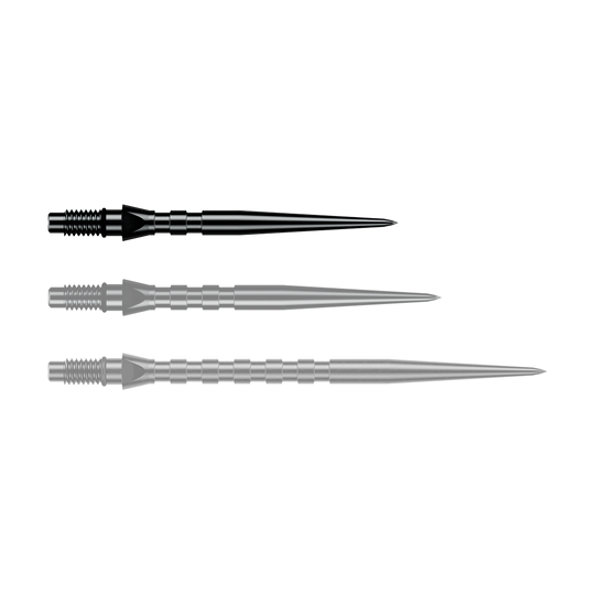 Punte per freccette in acciaio Winmau Switch Point Groove - Nero Abgebildet ist eine einzelne schwarze Winmau Switch Point Groove Steeldartspitze, 26 mm lang. Sie eignet sich zum Austausch von Steeldartspitzen.