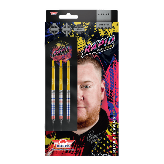 Das Bild zeigt die Verpackung der "Bulls NL Ricky Evans Rapid Edition One Softdarts - 20g". Auf der Verpackung sind drei Softdarts und ein Porträt von Ricky Evans abgebildet.