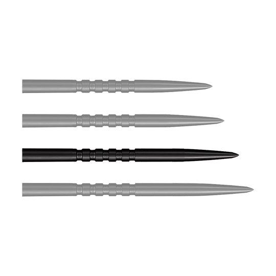 Punte per freccette in acciaio Shot Grip Point - Nero Das Bild zeigt vier schwarze Stahlspitzen für Steeldarts, die nebeneinander liegen. Jede Spitze ist 38 mm lang und hat gerillte Griffzonen.