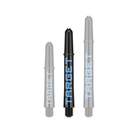 Aste Target Pro Grip TAG - 3 set - Nero Blu Das Bild zeigt drei schwarze Dartschäfte in unterschiedlicher Länge mit blauer Aufschrift "TARGET". Sie sind in einer Reihe nebeneinander angeordnet.