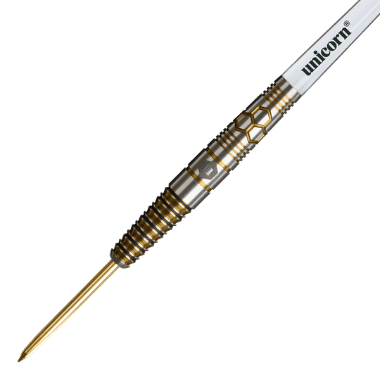 Freccette in acciaio Unicorn Hexium Style 03 oro e nere Das Bild zeigt die Unicorn Hexium Style 03 Gold & Black Steeldarts. Die Steeldarts sind in goldener und schwarzer Farbe gestaltet.