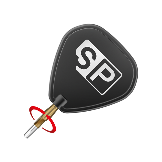 Punte per freccette Target Swiss Storm Diamond Point - Oro Das Bild zeigt eine schwarze Dartflügel mit der Aufschrift "SP" in weiß. Daran ist eine goldene Dartspitze befestigt.