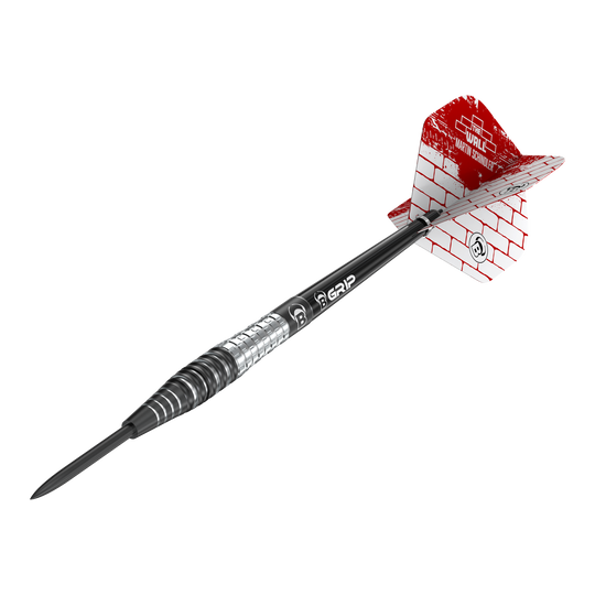 Bulls Martin Schindler Original Generation 3 freccette in acciaio Das Bild zeigt einen Steeldartpfeil der Marke "Bulls Martin Schindler Original Generation 3". Der Dartpfeil hat eine schwarz-silberne Spitze und Flight mit rotem Mauer-Design.
