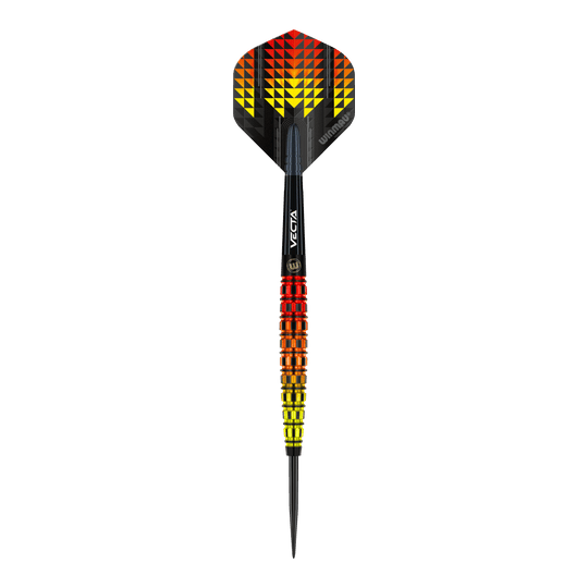 Dardi in acciaio affusolati Winmau Firestorm Flame Der Winmau Firestorm Flame Tapered Steeldart hat ein auffälliges Design mit gelben, orangefarbenen und roten Farbverläufen. Die Flights zeigen ein geometrisches Muster in denselben Farben und geben dem Dart ein flammendes Aussehen.
