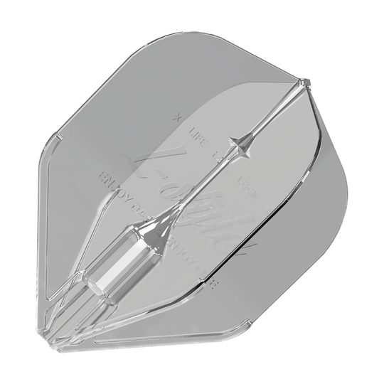 Alette Fantom L1EZ stile L trasparenti Das Bild zeigt ein transparentes Dartflight des Modells "L-Style Fantom L1EZ Flights Clear". Das Flight hat eine klare, glänzende Oberfläche und eine spezielle Form für Stabilität beim Werfen.