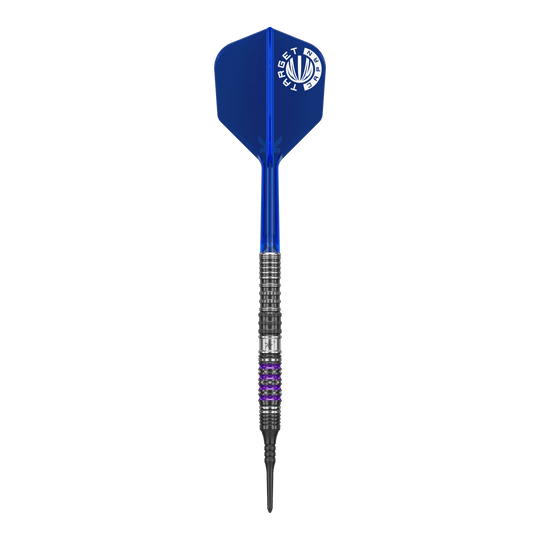 Target Japan Prime Series Sirius GEN4 Freccette morbide - 21,5 g Auf dem Bild ist ein Softdart aus der Serie "Target Japan Prime Series Sirius GEN4" mit einem Gewicht von 21,5g zu sehen. Der Dart hat eine blaue Flight und einen schwarz-silbernen Schaft mit lila Akzenten.