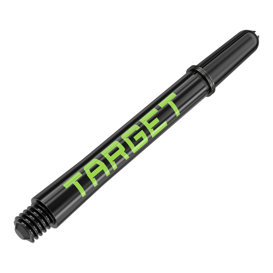 Dies ist ein schwarzer Dart-Schaft mit grünem Schriftzug „TARGET“. Der Schaft hat ein Gewinde an einem Ende und ist 48 mm lang.