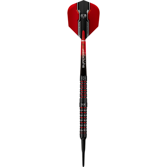 HA17041-Harrows-Wolfram-Infinity-97-Tungsten-Softdarts-1mPVfqJARgMEnx Das Bild zeigt einen Harrows Wolfram Infinity 97% Tungsten Softdart. Der Dartpfeil ist schwarz und rot mit auffälligen Griffmulden und einem modernen Design.