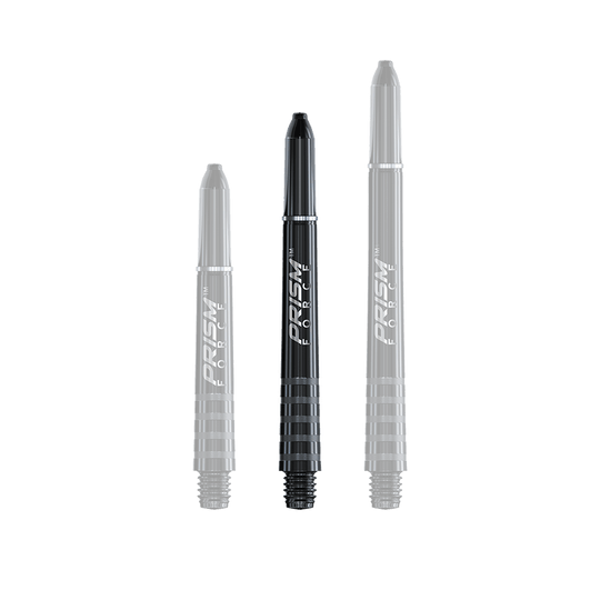 7020-401_Winmau_Prism_Force_Shafts_Schwarz_41mm_1qU0VHsryorfQJ Das Bild zeigt drei schwarze Winmau Prism Force Shafts in unterschiedlicher Länge. Sie sind für den Einsatz bei Dartpfeilen konzipiert.