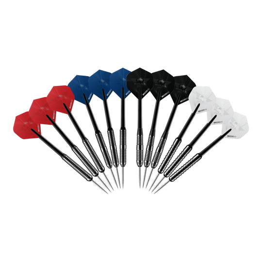 Set di freccette in acciaio Bulls NL - 4 set in ottone Abgebildet ist das Produkt Bulls NL Bundle Of Steel - 4 Sets Brass Steeldarts. Es sind vier Sätze Steeldarts aus Messing dargestellt.