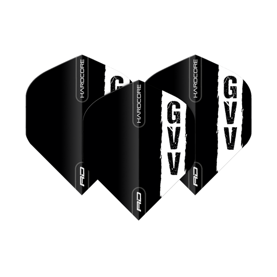 Voli standard con logo nero Red Dragon Hardcore Gian Van Veen Das Bild zeigt drei schwarze Dartflights mit dem weißen Aufdruck "GVV" und dem Schriftzug "HARDCORE". Es handelt sich um das Produkt "Red Dragon Hardcore Gian Van Veen Black Logo Standard Flights".