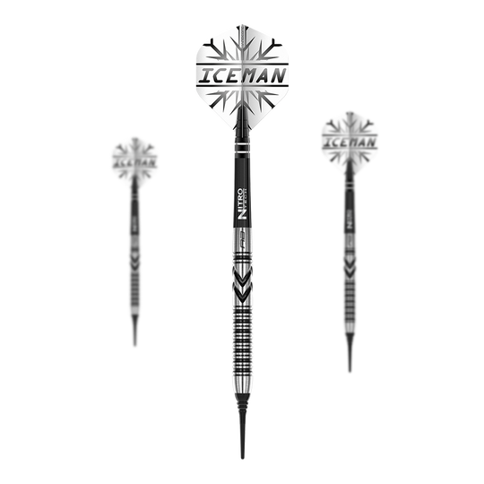 Red Dragon Gerwyn Price Thunderbolt Freccette Morbide - 20g Das Bild zeigt drei Softdarts des Modells "Red Dragon Gerwyn Price Thunderbolt - 20g". Auf den Flights steht "ICEMAN" und die Darts haben ein schwarz-silbernes Design.