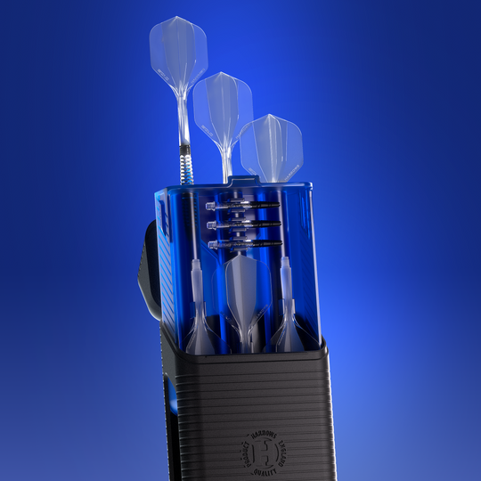 Custodia per freccette Harrows Vault Das Bild zeigt eine Detailansicht des Harrows Vault Dartcase in Blau. Die Innenseite des Dartcases ist gut erkennbar.
