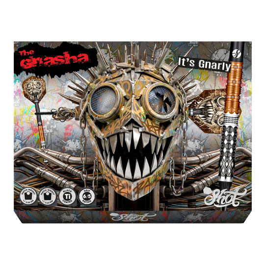 Freccette morbide Shot Gnarly Gnasha - 20 g Auf dem Bild befinden sich die Shot Gnarly Gnasha Softdarts - 20g. Die Darts sind für das Spielen mit elektronischen Dartboards geeignet.