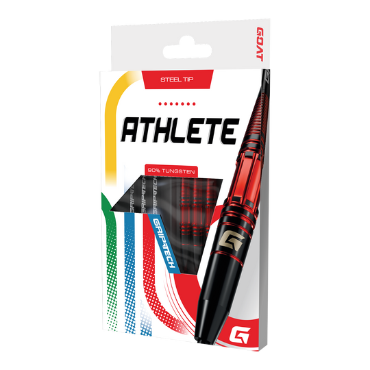 Freccette in acciaio al tungsteno rosso GOAT Athlete Auf dem Bild sind die GOAT Athlete Red Tungsten Steeldarts zu sehen. Sie zeichnen sich durch ein sportliches Aussehen aus.