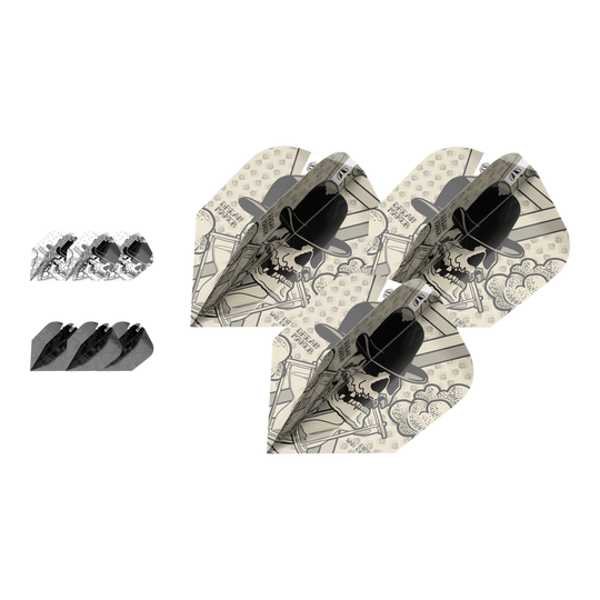 Pacchetto inchiostri Target 3 set di alette Ten-X Dimitri Van Den Bergh Das Bild zeigt drei Sets von Dartflights mit einem Totenkopf-Design und Hut. Die Flights gehören zum Produkt "Target Ink Bundle 3 Sets Dimitri Van Den Bergh Ten-X Flights".