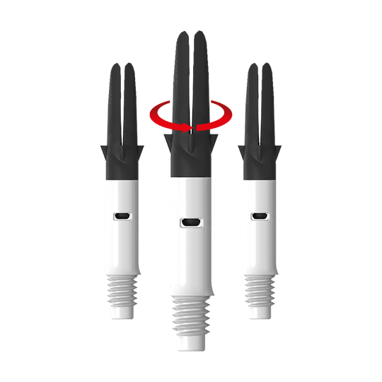 L-L-Style-Shaft Carbon Silent Straight - Bianco Das Bild zeigt drei weiße und schwarze Dartshafts nebeneinander. Über dem mittleren Shaft ist ein roter Pfeil, der eine Drehbewegung anzeigt.