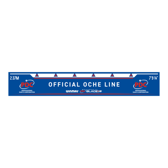 Linea di lancio Winmau PDC Das Bild zeigt die Winmau PDC Abwurflinie in Blau mit weißer Schrift. Auf der Linie steht „OFFICIAL OCHE LINE“ sowie die Entfernungsangaben 2,37 m und 7’9 1/4’’.