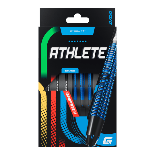 Freccette in acciaio GOAT Athlete Blue Brass - 12 g Die Abbildung zeigt die Verpackung der GOAT Athlete Blue Brass Steeldarts mit einem Gewicht von 12g. Auf der Verpackung sind blaue, strukturierte Darts sowie die Aufschrift "ATHLETE" und "GRIPTECH" zu sehen.