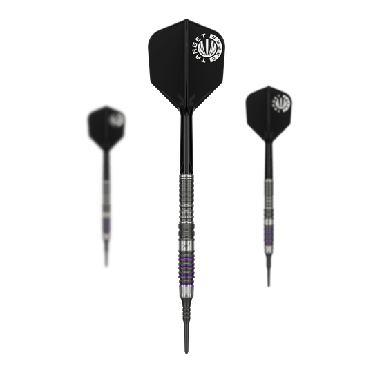 Target Japan Prime Series Yuta Hayashi Sirius GEN3 MAX Freccette morbide - 21,5 g Das Bild zeigt drei Softdarts aus der Serie "Target Japan Prime Series Yuta Hayashi Sirius GEN3 MAX" mit einem Gewicht von 21,5g. Die Darts haben schwarze Flights mit weißem Aufdruck und einen silbernen, detailliert gearbeiteten Barrel.