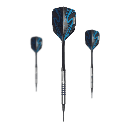Freccette morbide McDart 85 Tungsten V19 - 16,5 g Auf dem Bild sind drei Softdarts des Modells "McDart 85er Tungsten V19" mit einem Gewicht von 16,5g zu sehen. Die Darts haben silberne Barrels und schwarze Flights mit blauen Verzierungen.