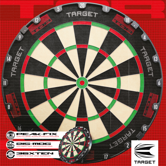 Target per freccette in acciaio Target TOR Target TOR Steeldartboard ist als klassisches Dartboard zu sehen. Die Zahlen und Segmente sind klar sichtbar.