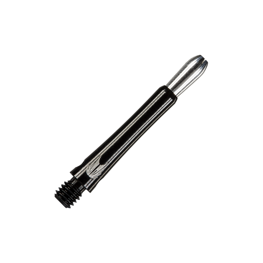 146230_Target_Grip_Style_Aluminium_Shafts_Schwarz_348mm_2 Das Bild zeigt einen schwarzen Aluminium-Dartschaft mit silbernem Spitzenende. Der Schaft hat ein Schraubgewinde am unteren Ende.