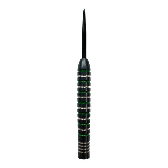 Barili per freccette in acciaio verde argento McDart Das Bild zeigt ein McDart Silver Green Steeldart Barrel. Der Dartpfeil hat silberne Ringe mit grünen Akzenten entlang des Griffbereichs.