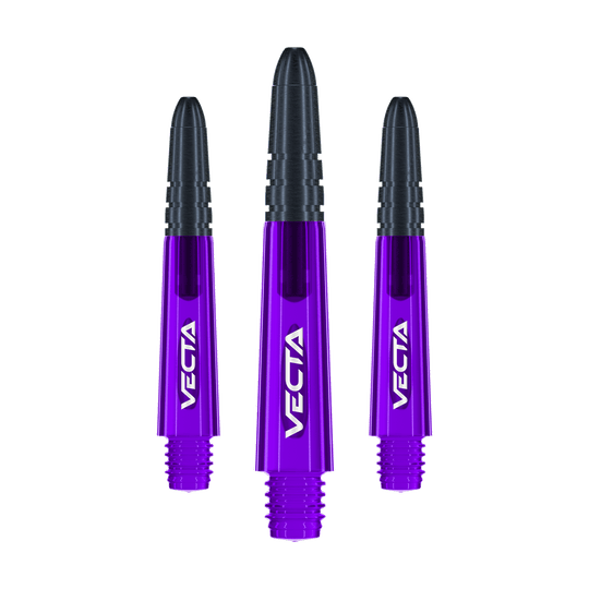 Winmau Vecta Shafts - Viola Nero Auf dem Bild sind drei lilafarbene und schwarze Dartschäfte der Marke Vecta zu sehen. Die Schäfte sind 34 mm lang und werden als Set geliefert.